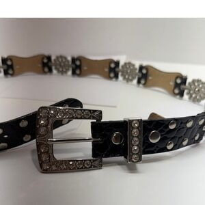 Womens Black Faux Croc Rhinestone Buckle Concho Belt Silver Studded Western XL
